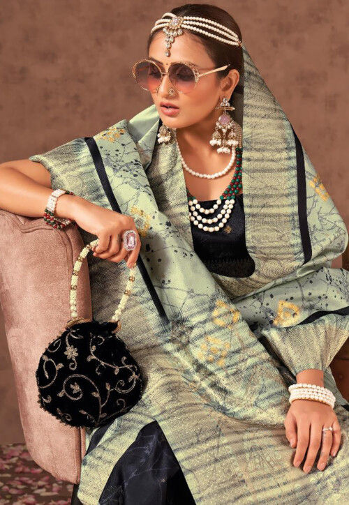 Digital Printed Art Silk Saree in Light Green and Black