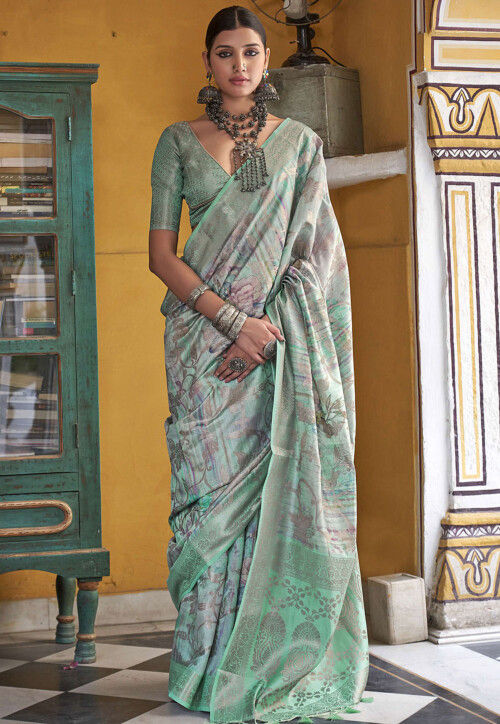 Digital Printed Art Silk Saree in Light Green