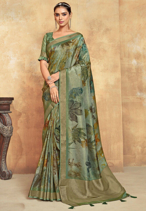 Digital Printed Art Silk Saree in Light Green