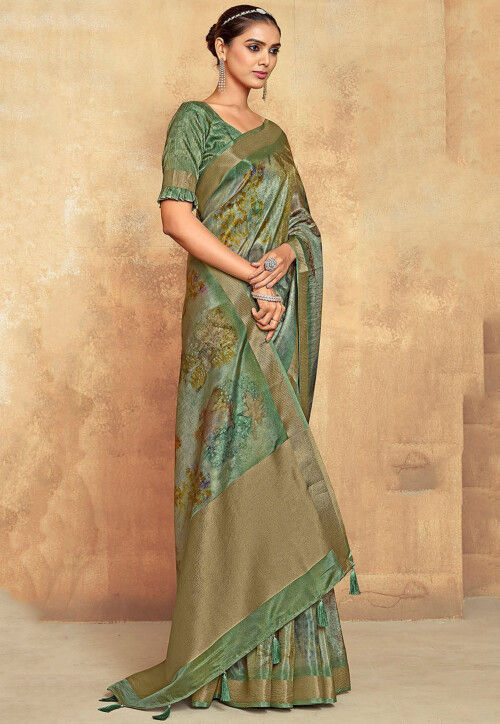 Digital Printed Art Silk Saree in Light Green