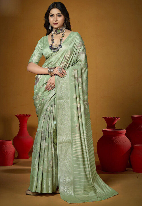 Digital Printed Art Silk Saree in Light Green