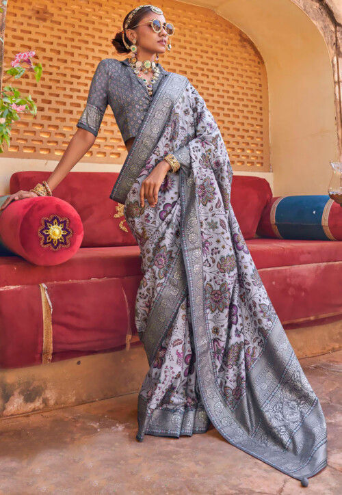 Digital Printed Art Silk Saree in Light Grey