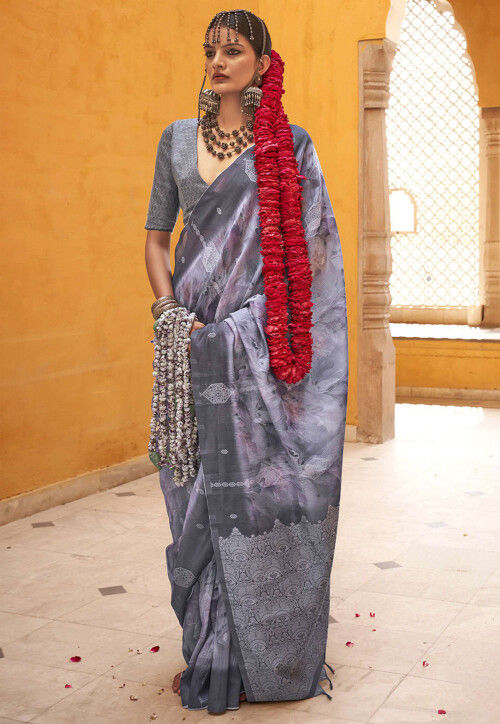 Digital Printed Art Silk Saree in Light Grey