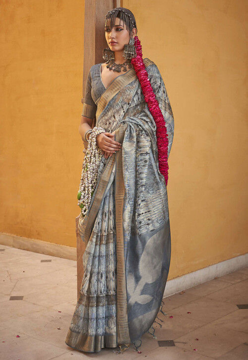 Digital Printed Art Silk Saree in Light Grey