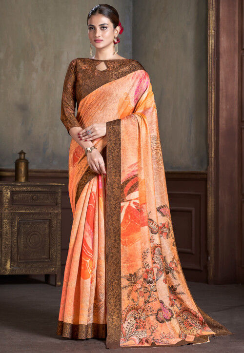 Digital Printed Art Silk Saree in Light Orange