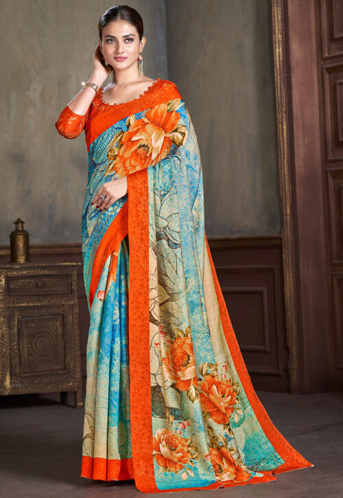 Digital Printed Art Silk Saree in Multicolor