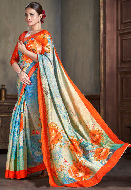 Digital Printed Art Silk Saree in Multicolor