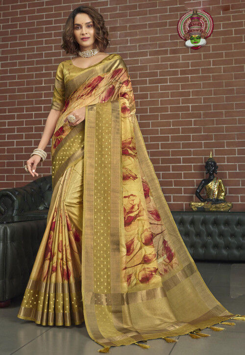 Digital Printed Art Silk Saree in Mustard