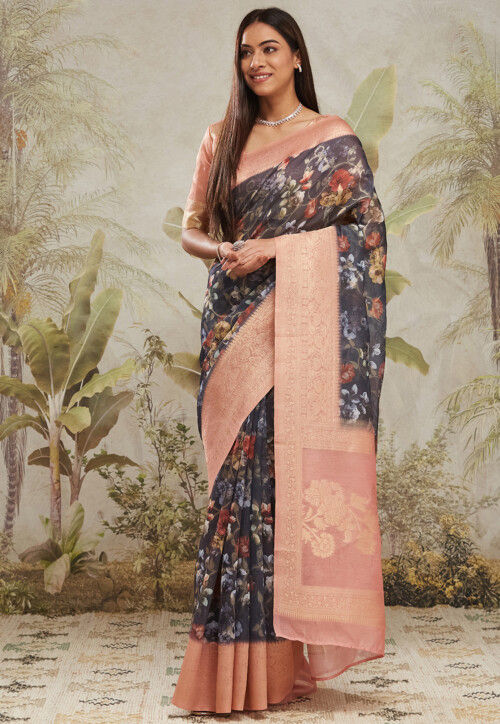 Digital Printed Art Silk Jacquard Saree in Navy Blue