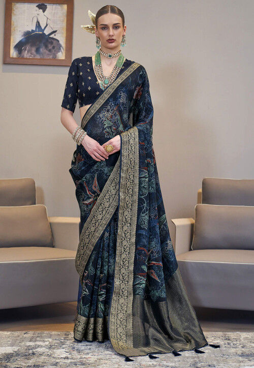 Digital Printed Art Silk Saree in Navy Blue