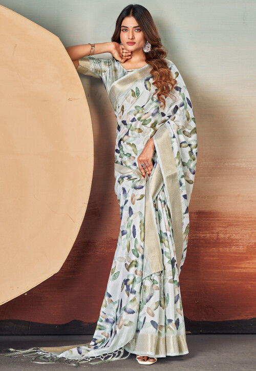 Digital Printed Art Silk Saree in Off White
