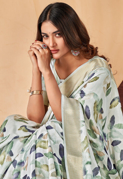 Digital Printed Art Silk Saree in Off White