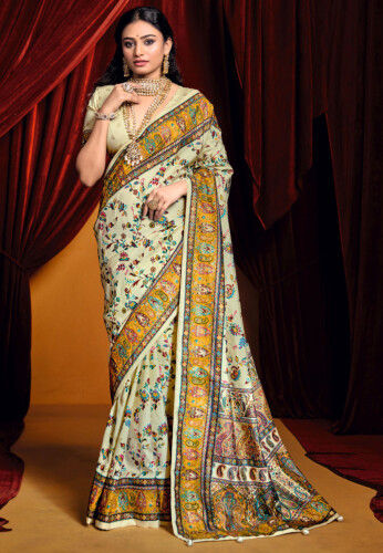 Digital Printed Art Silk Saree in Off White