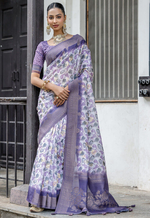 Digital Printed Art Silk Saree in Off White
