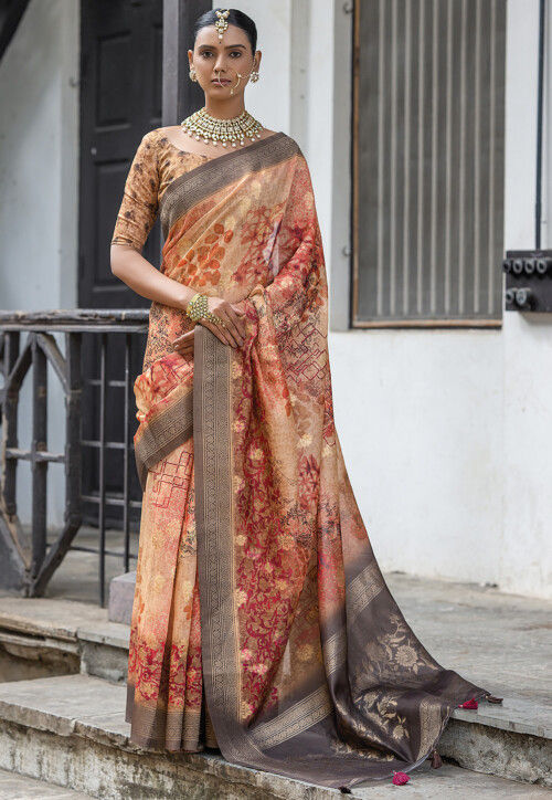 Digital Printed Art Silk Saree in Orange