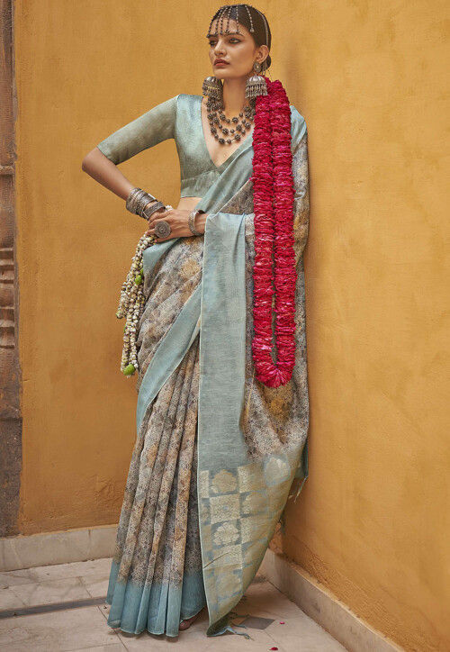Digital Printed Art Silk Saree in Pastel Blue