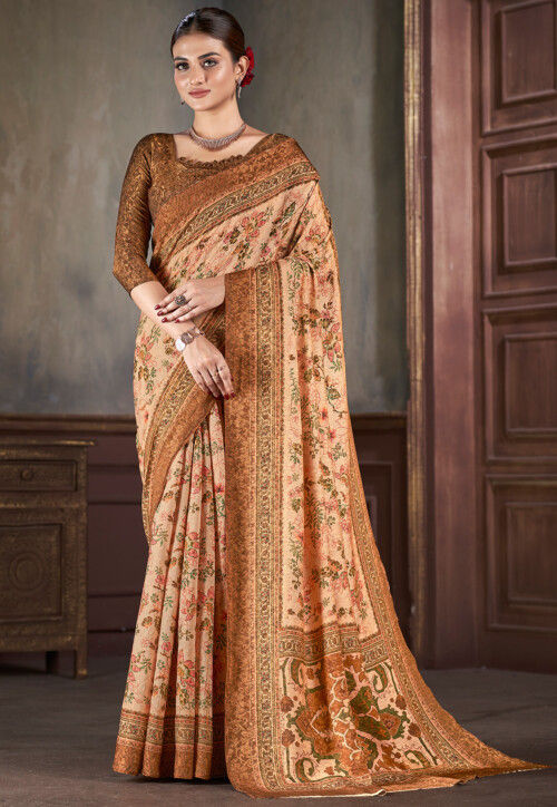 Digital Printed Art Silk Saree in Peach