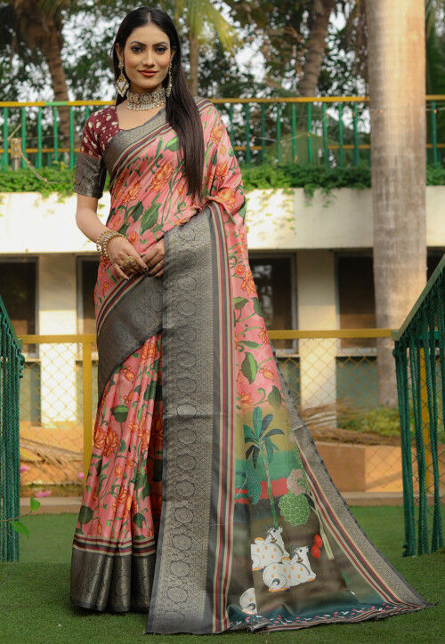 Digital Printed Art Silk Saree in Peach