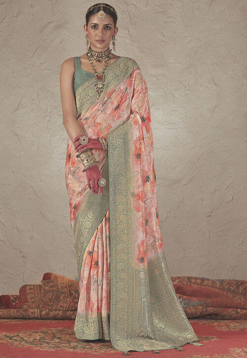 Digital Printed Art Silk Saree in Peach