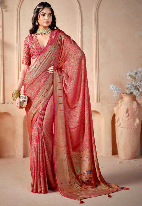 Digital Printed Art Silk Saree in Peach