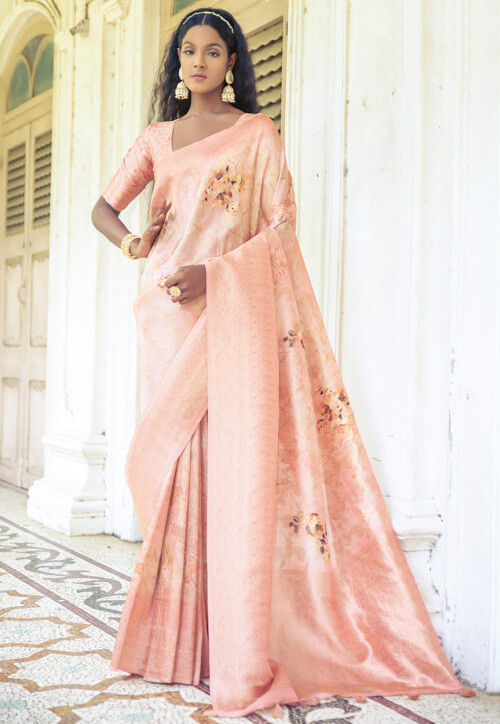 Digital Printed Art Silk Saree in Peach