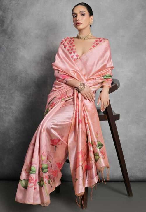 Digital Printed Art Silk Saree in Peach
