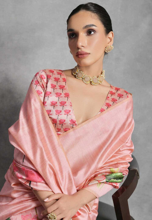 Digital Printed Art Silk Saree in Peach