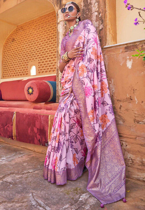 Digital Printed Art Silk Saree in Pink