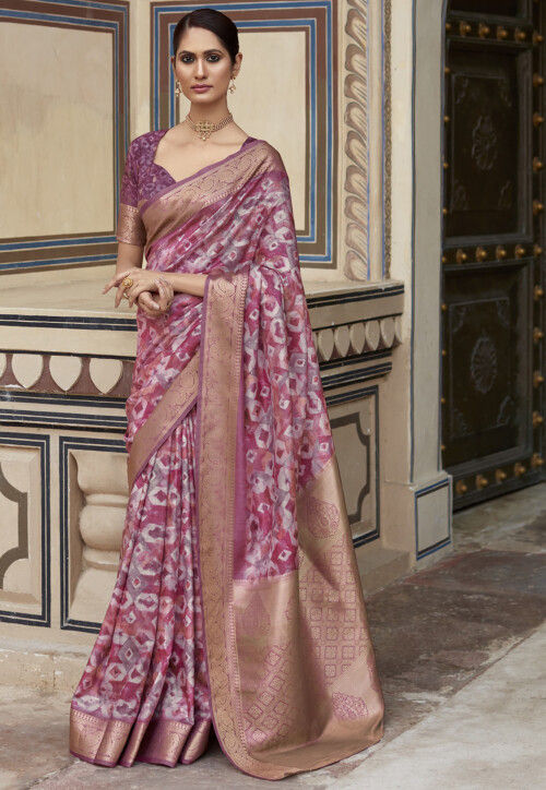 Digital Printed Art Silk Saree in Pink