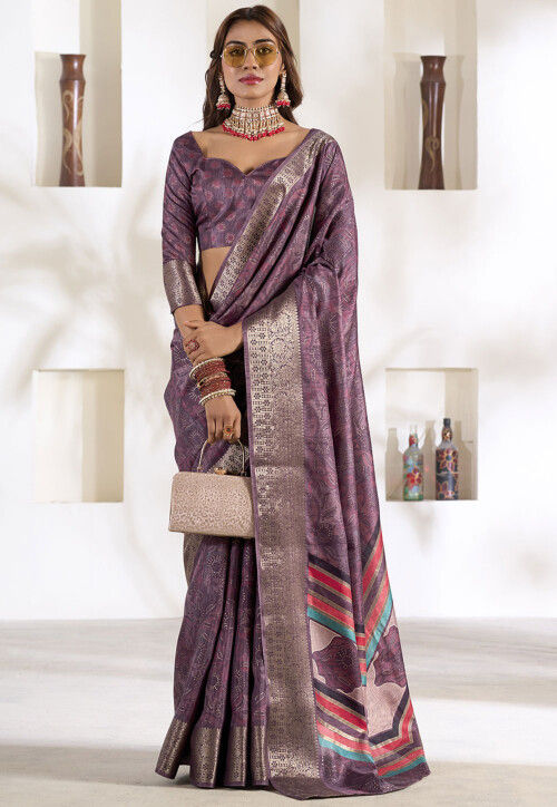 Digital Printed Art Silk Saree in Purple