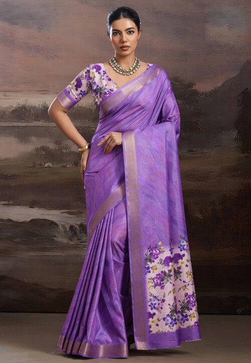 Digital Printed Art Silk Saree in Purple