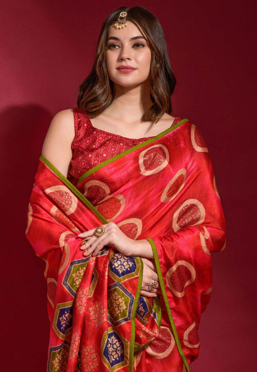Digital Printed Art Silk Saree in Red
