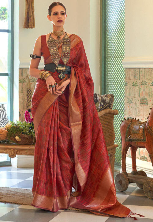 Digital Printed Art Silk Saree in Red