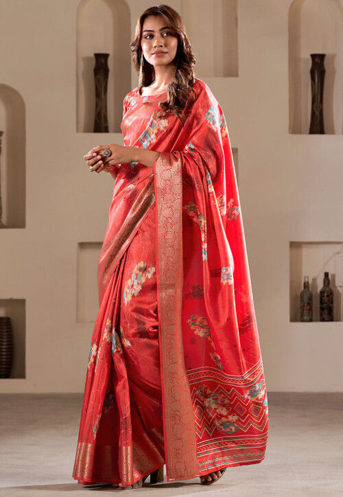Digital Printed Art Silk Saree in Red