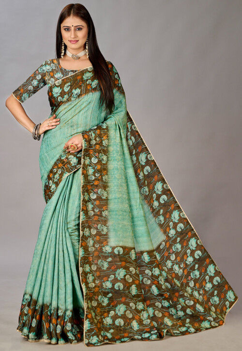 Digital Printed Art Silk Saree in Sea Green