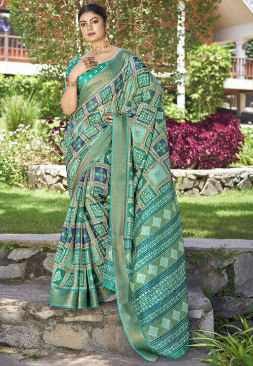 Digital Printed Art Silk Saree in Sea Green