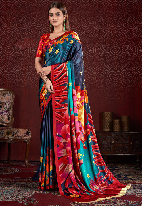 Digital Printed Art Silk Saree in Teal Blue