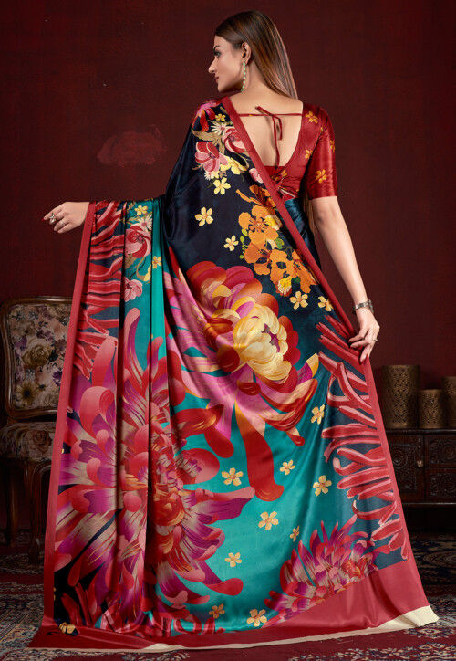 Digital Printed Art Silk Saree in Teal Blue
