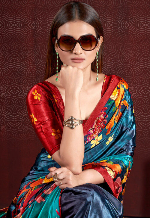 Digital Printed Art Silk Saree in Teal Blue