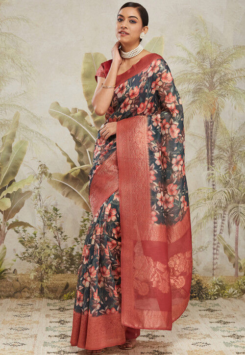 Digital Printed Art Silk Jacquard Saree in Teal Blue