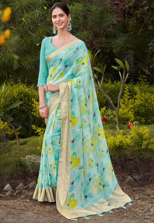 Digital Printed Art Silk Saree in Turquoise
