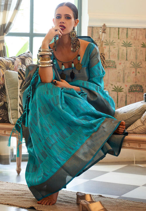 Digital Printed Art Silk Saree in Turquoise