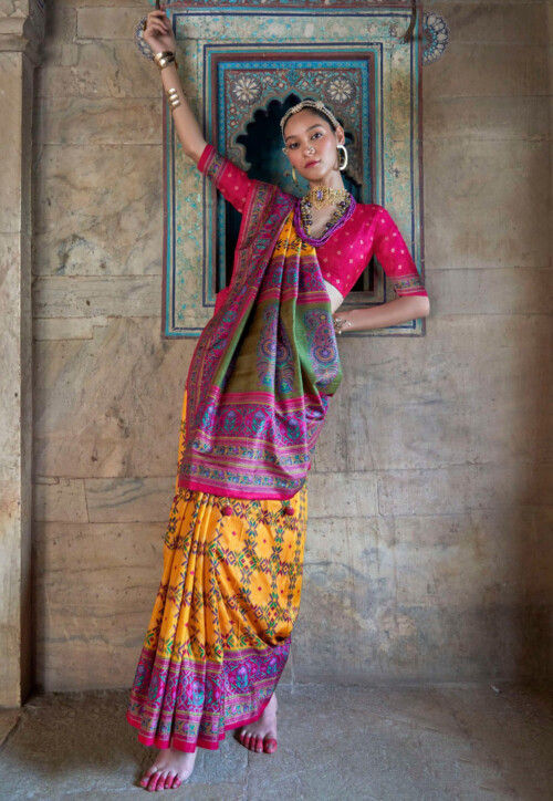 Digital Printed Art Silk Saree in Yellow