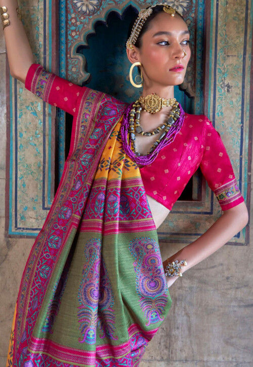 Digital Printed Art Silk Saree in Yellow