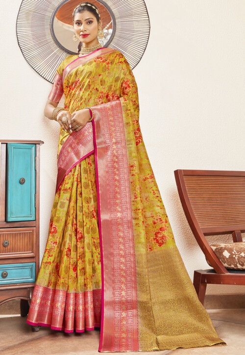 741215: Yellow color family Bridal Wedding Sarees, Party Wear Sarees with  matching unstitched blouse.