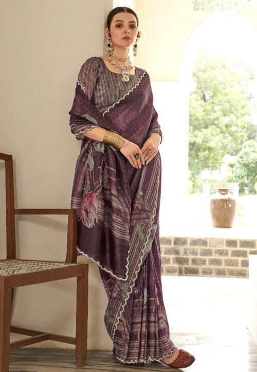 Digital Printed Art Silk Scalloped Saree in Wine