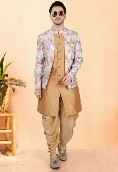 Digital Printed Art Silk Sherwani in Beige and Off White