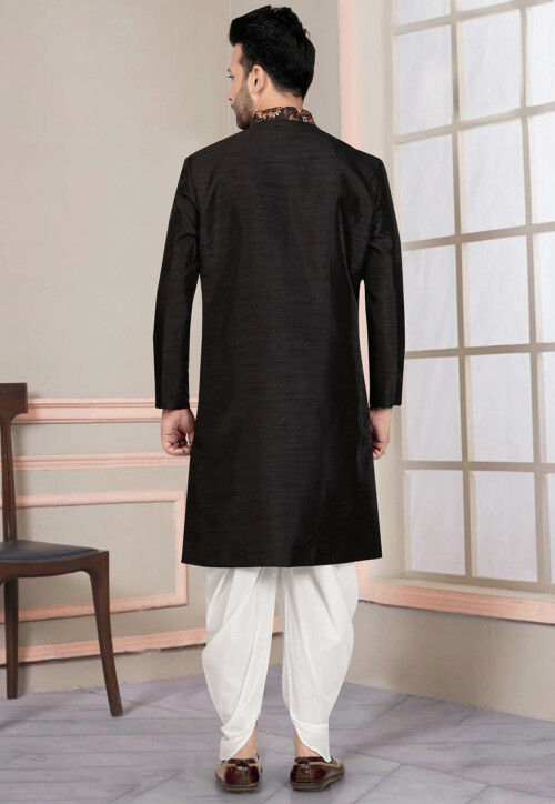 Digital Printed Art Silk Sherwani in Black