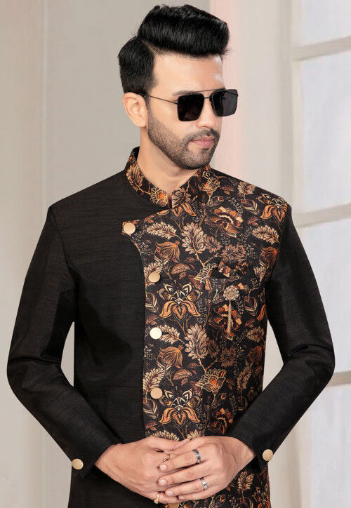 Digital Printed Art Silk Sherwani in Black