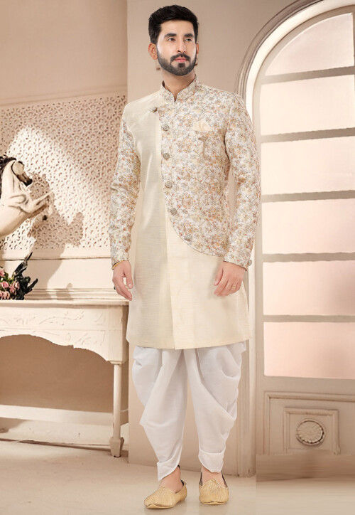 Digital Printed Art Silk Sherwani in Cream